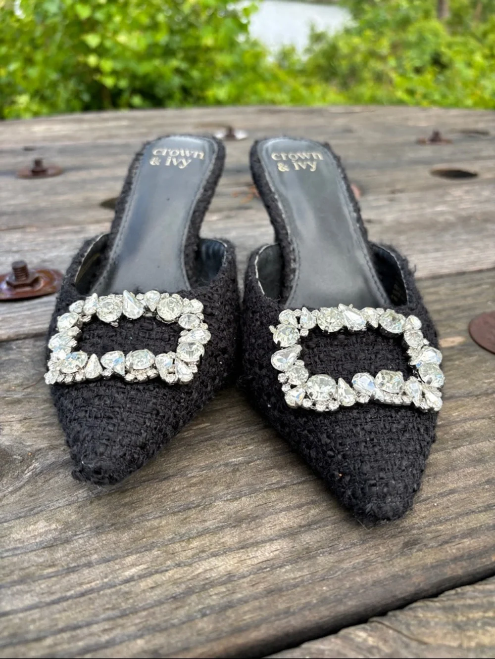 Crown & Ivy Women’s Sz6.5M Black Pointed Toe Mule with Crystal Buckle#317 - Picture 4 of 11